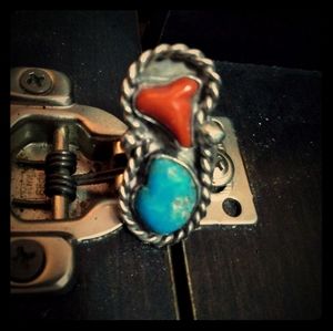 Navajo sterling Silver coral & torqoise ring